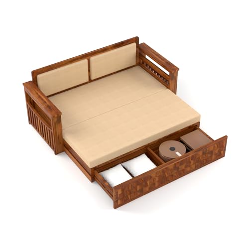 Image of Sheesham Wooden 3 Seater Sofa Cum Bed with Storage - Modern Daybed with Upholstered Backrest | Living Room Convertible Sofa Bed - Wooden Sofa Cum Bed with Mattress (Design 1)