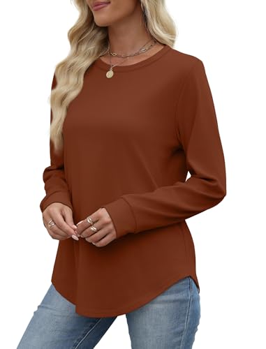 Image of WIHOLL Sweatshirt for Women Crewneck Long Sleeve Shirts Curved Hem Lightweight Sweaters Fall Clothes 2025