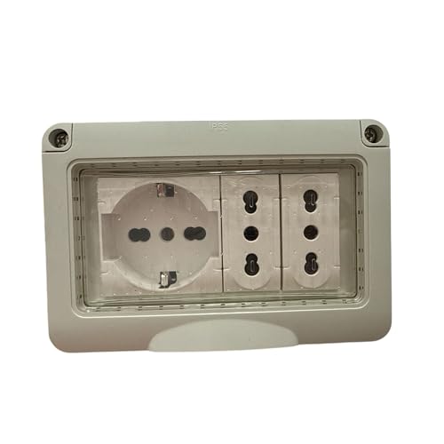 Cassetta Elettrica Pronta all’Uso per Esterni IP55 – Box 3 Moduli con 1 Presa Schuko + 2 Prese Bipasso 10/16A – Scatola da Muro con Sportellino per Giardino, Camper, Garage, Pareti Esterne