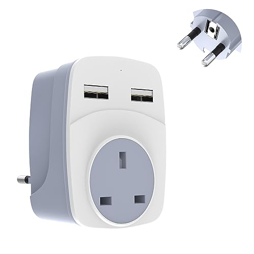 Pipestation - UK to European Plug Adapter - 1 Pack - Travel Plugs UK to EU & 2 USB A Ports - Universal Adapter Plug UK to Europe Type C, E, F - EU Travel Adapter & Short Circuit Protection