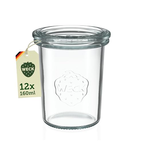 Weck Lot de 12 bocaux en verre de 160 ml avec couvercles en forme de chute - Bocaux à dessert robustes et empilables - Petits bocaux Weck parfaits pour le dessert - Fabriqués en Allemagne