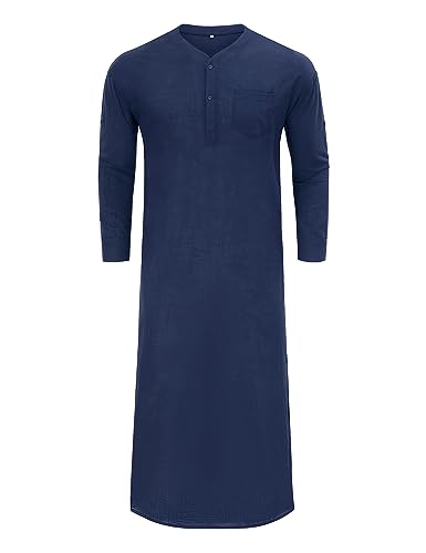 TURETRENDY Men's Linen Kaftan Thobe Long Sleeve Robe Gown Casual Longline T Shirts with Pocket Navy Blue S2