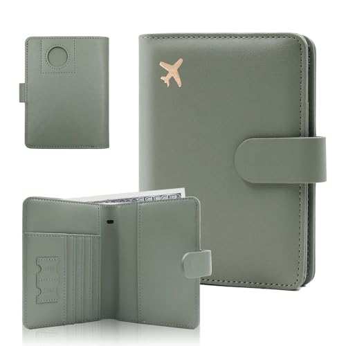 Melsbrinna Premium Leather Passport Holder Covers Case Waterproof Rfid Blocking Travel Wallet Passport Holder with Pen Holder Cute Passport Book for Women/Men (AIRTAG AIR-MOSS GREEN)