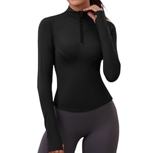 Rapbin T-Shirts de Sport Femme à Manche Longues Tops 1/4 Fermeture Éclair Fitness Running Yoga Tee Shirt Long Sleeve Top Women