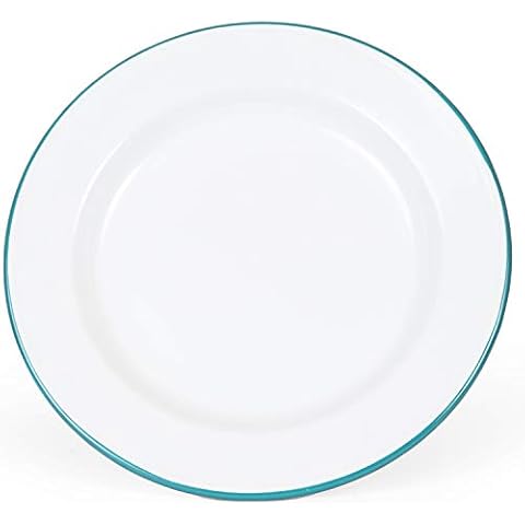 Crow Canyon Enamelware - Dinner Plate -Solid White with Turquoise Rim Cover