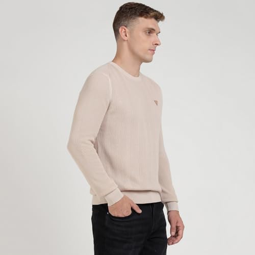 Image of GUESS Beige Cotton Blend Textured Pullover Sweater