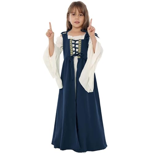 Girls Renaissance Dress Kids Medieval Princess Outfit Girls Square Collar Bundle Waist Long Sleeve Maxi Dress