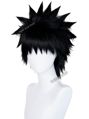 Image of Half and Half Short Black Anime Cosplay Wig for Men Black Nin-ja Male Wigs Black Spiky Layered Synthetic Hair Wig for Halloween Party Costumes