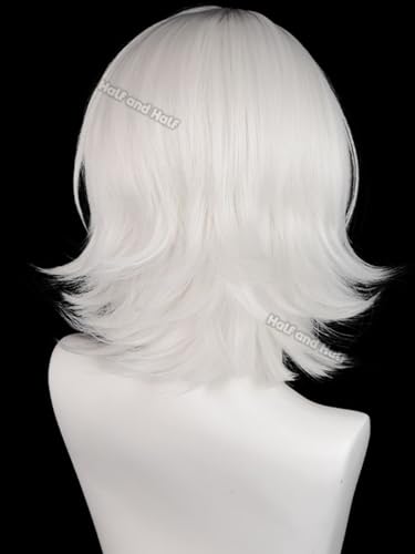 Image of Half and Half Short White Anime Wig for Juuzou Cosplay Male Silver White Layered Wig with Side Part Bangs for Women Men Unisex Halloween Party