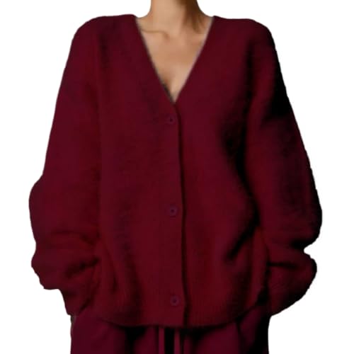 Image of Womens Fuzzy Sweaters Cardigan V-Neck Button Down Oversized Mohair Sweater Casual Y2k 2026 Fall Winter
