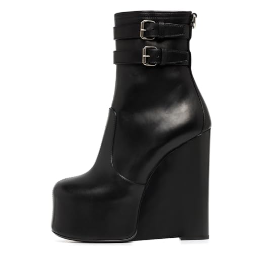 FSJ Women Platform Ankle Boots Round Toe Wedge High Heel Punk Booties Ankle Buckled Strappy Side Zipper Fashion Party Shoes Size 4-16 US