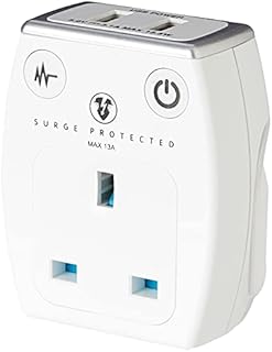 Masterplug Single Socket Surge Protected Power Adaptor with Two USB Charging Points, Gloss White
