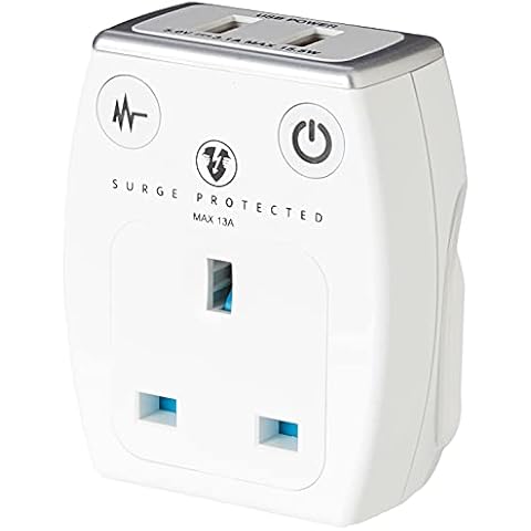 Masterplug Single Socket Surge Protected Power Adaptor with Two USB Charging Points, Gloss White Cover