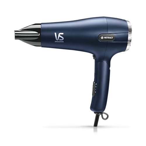 VS Sassoon Cord-Keeper Dry & Style Hair Dryer – 2100W, Ionic Conditioning, Ceramic Technology, Quietone Air Intake, Retractable Cord, Folding Handle, Diffuser & Concentrator
