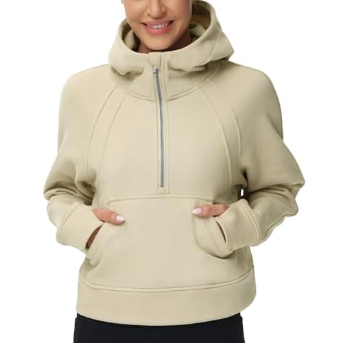 THE GYM PEOPLE Womens' Hoodies Half Zip Long Sleeve Fleece Crop Pullover Sweatshirts with Pockets Thumb Hole Khaki Large