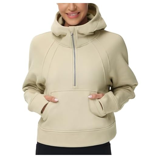 Women’s Hoodies Half Zip Long Sleeve Fleece Crop Pullover Sweatshirts with Pockets Thumb Hole Khaki
