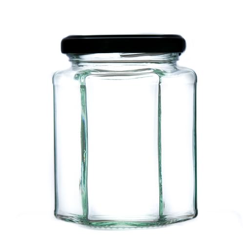 340g (280ml) Hexagonal Glass Jam Jars - Marmalade, Honey hex Jar (Black Lid, Pack of 24)