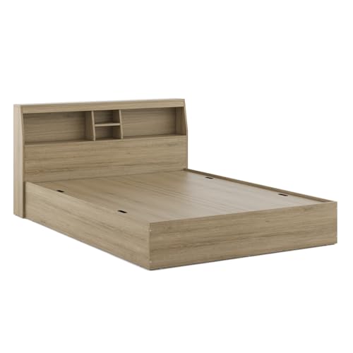 Image of Spacewood Storiva Bed |Queen Size (78 X 60) Engineered Wood Bed with Box Type Storage |Shelfs in Headboard | 3 Year Warranty | Modern Design |Engineered Wood | Santana Oak