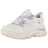  VAN HILL Damen Plateau Sneaker Blockabsatz Schuhe Freizeit Schnürer Profilsohle Schnürschuhe Plateauschuhe 211291 Beige Helllila 40