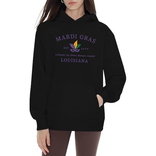 Sudadera con capucha de Mardi Gras para mujer, sudadera con capucha de Mardi Gras, sudadera con capucha para mujer, sudadera de Mardi Gras para mujer, Negro, L