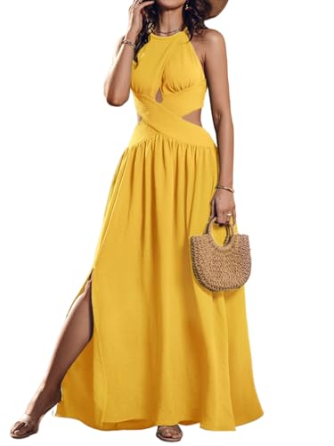 Image of CHICME Women's Sleeveless Halter Neck Dress Criss Cross Tie Back Split High Maxi Dress