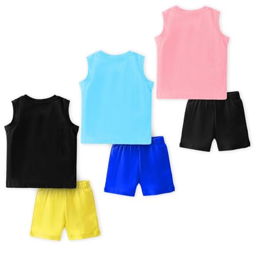 Image of TS LAVI TAVI Baby Cotton Clothing Set | Sleeveless T-Shirt & Shorts Combo | Summer Wear for Boys & Girls | Soft Breathable Fabric | Multicolor Pack of 3
