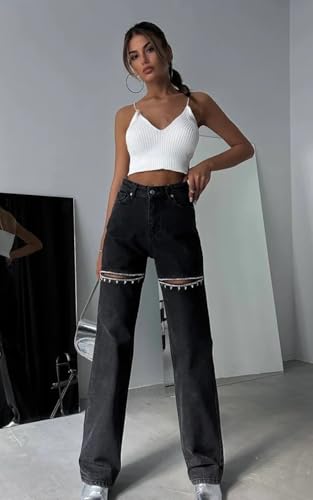 PIRAL Women's Crystal Cut Jeans - High Waisted Straight Fit Denim Pants - 32" Inseam2