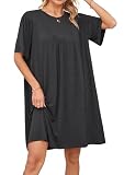 VOGMATE Women's Nightgowns Short Sleeve V-Pleated Sleep Shirts Casual Soft Loose Fit Lounge Dress for Ladies Dark Grey L