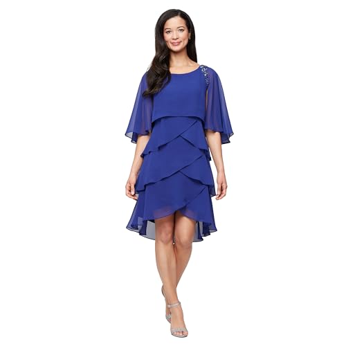 Image of S.L. Fashions Women's Tiered Chiffon Cocktail Party Dress with Attached Cape & Beaded Shoulders (Petite and Regular Sizes)