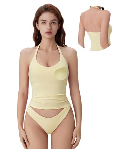 SUUKSESS Women Halter Tank Top with Built in Bra Cotton Ribbed V Neck Fitted Basic Going Out Summer Tops (Butter Yellow M)