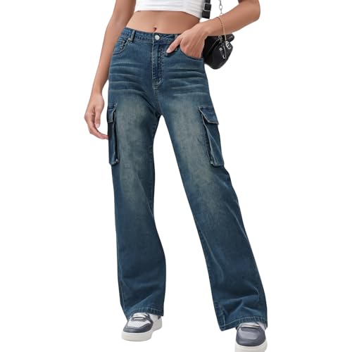 Cargo Jeans for Women Baggy Wide Leg Boyfriend Jeans Stretchy Mid Rise Jean Casual Straight Leg Jean with Pockets