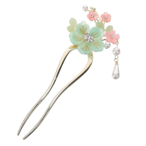 WERIGONI 1PCS bacchette per capelli con motivo floreale vintage, fermaglio per capelli in metallo in stile cinese verde menta e rosa con nappe di perle