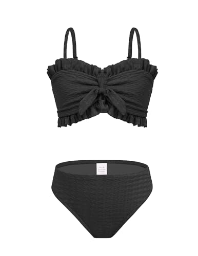 Arshiner Badeanzüge für Mädchen Bikini Set 3-teilige Bademode Top+Rocks +Slips Badebekleidung Kinder Badeanzug mit Rock Bademode Schwimmanzug für Mädchen Schwarz 13-14 Jahre