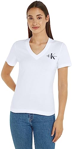 Calvin Klein Jeans Damen T-Shirt Kurzarm Monologo Slim V-Ausschnitt, Weiß...