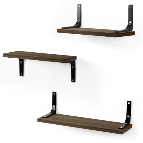 FRIBERG Estante de Pared de Madera, Juego de 3, estantes Decorativos para Paredes, especieros, para salón, Dormitorio, Oficina, baño o Cocina (Vintage marrón-Negro)