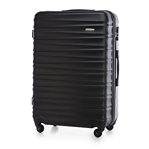 WITTCHEN Reisekoffer Groß Rollkoffer Trolley Großer Koffer Check-In Gepäck Hartschale aus ABS 4 Spinner-Rollen Zahlenschloss Groove Line Größe L schwarz Lufthansa/Eurowings/Ryanair