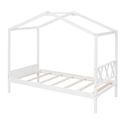 Twin House Bed, Tent Bed, Wood Bed Frame With Storage Space, For Kids Boys Girls Teens Adults – White #TOP6
