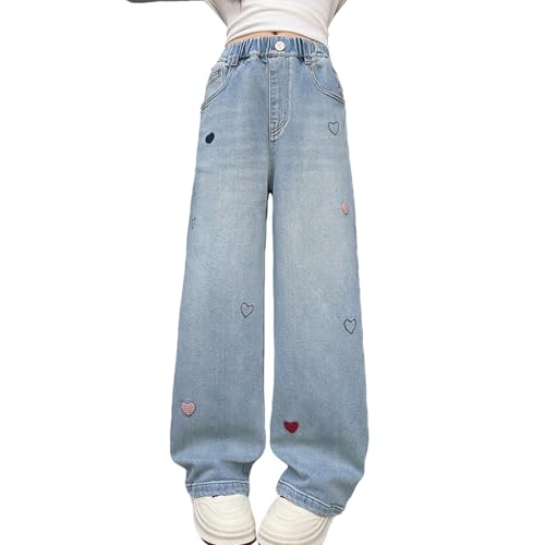 YaYabroe 5-14 yrs Kids Girls Jeans Distressed Elastic Waist Baggy Denim Wide Leg Pants Trousers, Blue-heart Print, 13-14 Years