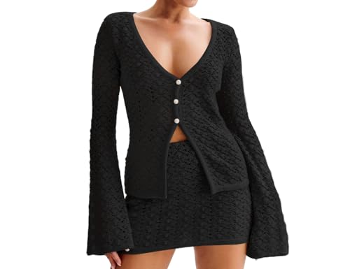Ensemble 2 pièces en crochet femme avec haut évasé et mini jupe