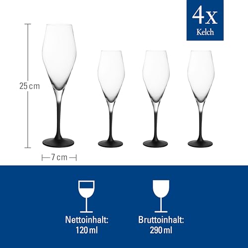Villeroy & Boch Manufacture Rock Set of 4 Elegant Crystal Glass Champagne Flutes Dishwasher Safe Black