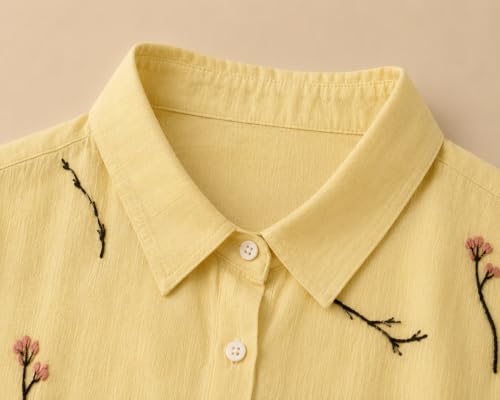 Image of Gufrina Women Designer Botanical Embroidered Korean Style Shirt | Button Down Relaxed Fit | High Low Hem Three Quarter Sleeve | Casual Smart Top-Shirt