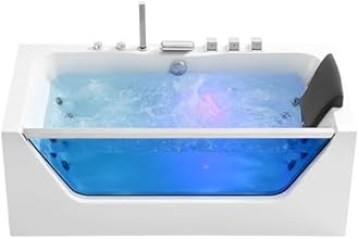 Empava 59 in. Acrylic Alcove Whirlpool Bathtub - Hydromassage Rectangular Jetted Soaking Tub with Center Drain - Waterfall Faucet
