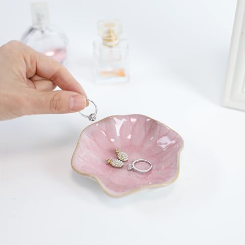 Image of Pink Lotus Leaf Shape Ring Jewelry Dish Holder,Small Trinket Jewelry Tray,Decorative Jewelry Plate Bowl,Key Bowl,Birthday Engegament Gifts for Women Friends,Ceramic
