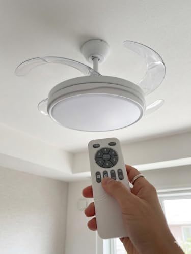 Genérico Ventilador de Techo con Luz LED Regulable, 4 Aspas Transparentes, Motor DC Silencioso, 6 Velocidades, Función Inversa Verano/Invierno, 60W, con Mando a Distancia
