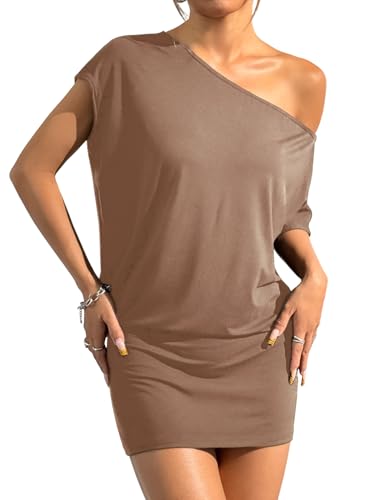 Image of SOLY HUX Women's Off The Shoulder Mini Dress Going Out Asymmetrical Neck Short Sleeve Casual Bodycon T Shirt Dresses