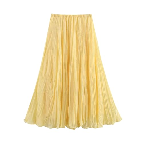 Women’S Crinkle Textured A-Line Midi Skirt Elastic Waist Non-Stretch Regular Fit Casual Everyday