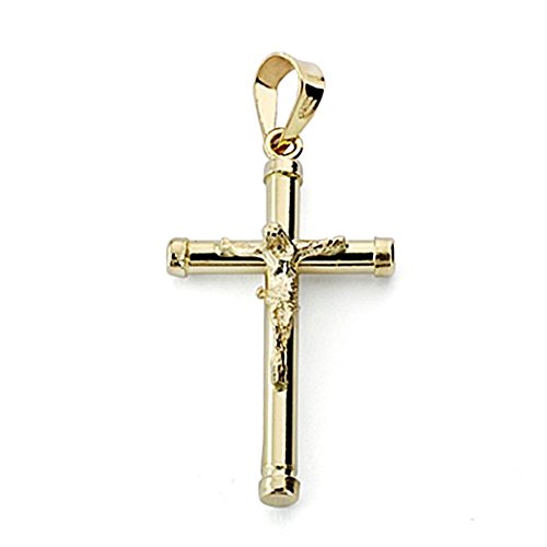 Crucifijo Oro 18K Cristo 24mm. Cruz Hueca Palo Redondo Liso Extremos Chatones Unisex