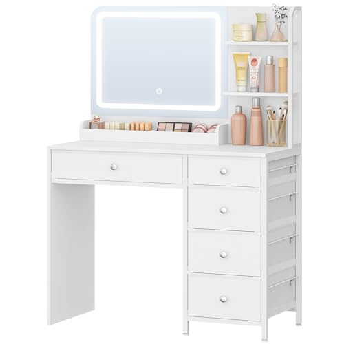 Hzuaneri Coiffeuse avec éclairage LED, Coiffeuse avec Grand Miroir HD, 5 Tiroirs et 2 étagères de Rangement, Idéale pour Une Chambre, Blanc DT43903XEU