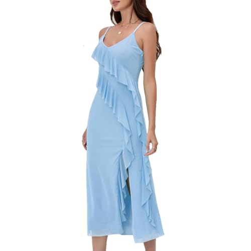 Image of Women's Spaghetti Strap Ruffle Side Split Long Dress Bodycon Beach Maxi Dresses