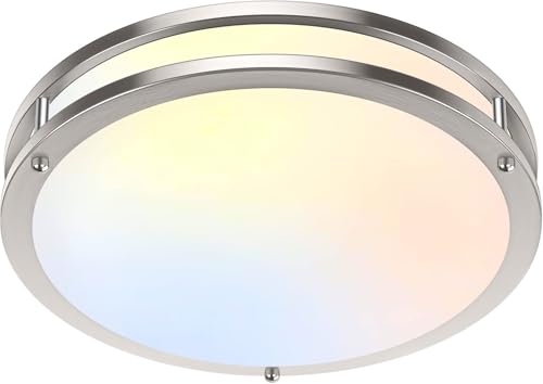 10 Inch LED Flush Mount Ceiling Light, Brushed Nickle Kitchen Lighting Fixture with 2700K/3000K/4000K/5000K/6500K 5 Color Adjusted, Dimmable Modern Round LED Light for Bedroom Living Room, 1-Pack